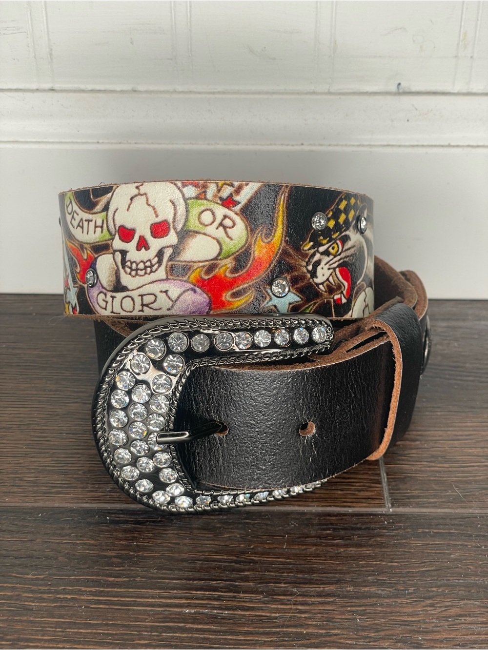 Ed Hardy Death or Glory Tattoo Inspired Rhinestone Biker Skulls Leather Belt M